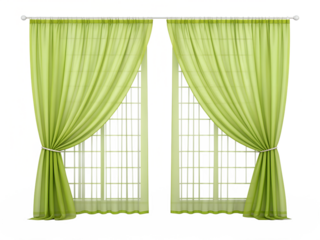 Sheer lime green curtains draped across two tall windows, isolated on a transparent background