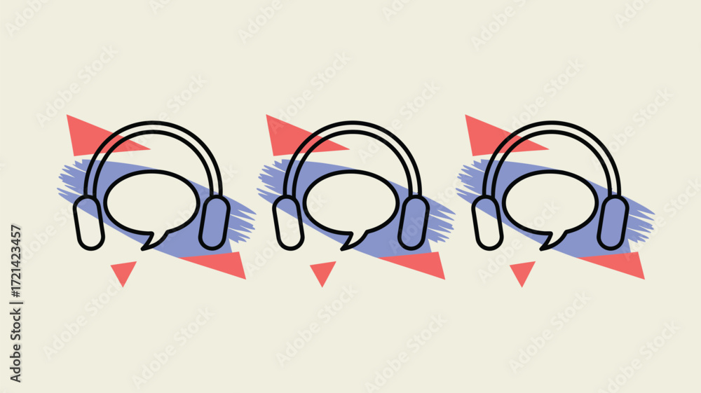 Poster three headphone icons with speech bubbles on a background with brush strokes and red triangles