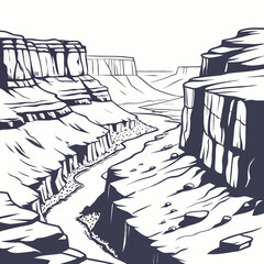 Dramatic black and white illustration of a vast canyon with a winding river carving through its depths
