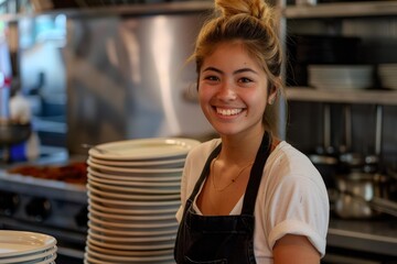 Young cook wearing an apron and smiling in a commercial kitchen