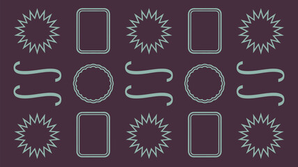 A collection of decorative elements including starbursts, rectangles, circles, and ribbons on dark background