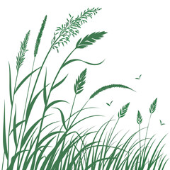 Green grass silhouettes with bird shapes flying in the sky on a white background