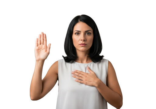 Stock photo of woman taking oath with hand raised and hand on heart, pledge allegiance, isolated on transparent background
