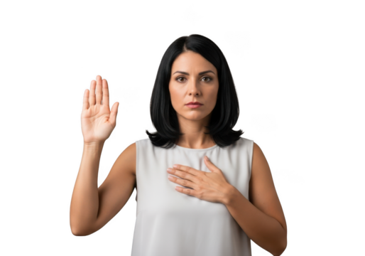 Stock photo of woman taking oath with hand raised and hand on heart, pledge allegiance, isolated on transparent background