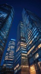 Modern Skyscrapers at Night with Illuminated Windows