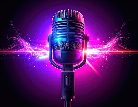 Vintage Microphone with Vibrant Neon Lights.