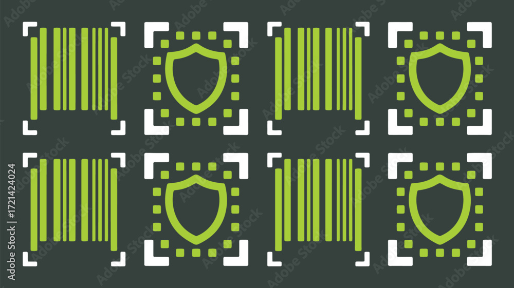 Poster a repeating pattern of green barcodes and shields on a dark gray background with white corner marker