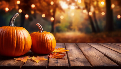 Rustic Wooden Table With Two Firefly Orange Pumpkins Creating A Cozy Autumn And Halloween Scene