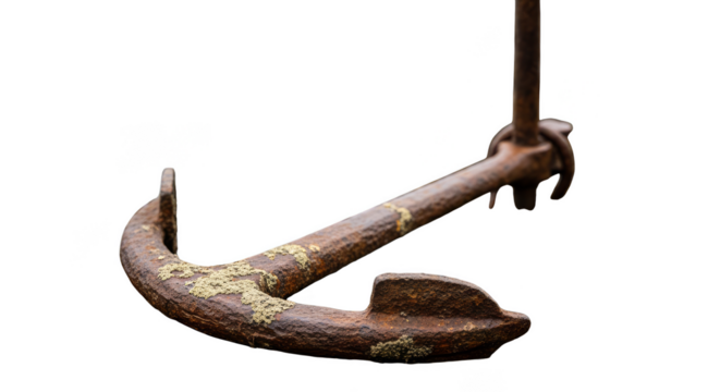 Timeworn nautical anchor hangs silently