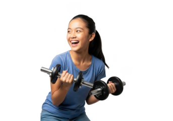 Smiling young woman exercising with dumbbells, fitness training, workout, healthy lifestyle, isolated on transparent background