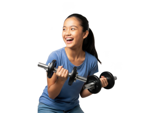 Smiling young woman exercising with dumbbells, fitness training, workout, healthy lifestyle, isolated on transparent background