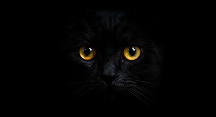 A close up of a black cat with striking yellow eyes peering out from the darkness and shadows around it