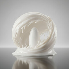 Artistic product advertisement. A white bottle of liquid soap inside a creamy, white artistic circle. White studio.