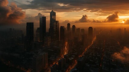 Dramatic sunset city skyline with tall skyscrapers, golden sunlight breaking through clouds, and streets glowing under evening urban haze - Powered by Adobe