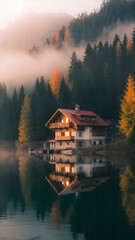 Fototapeta premium A charming wooden house with a red roof sits on the edge of a serene lake, surrounded by misty autumn forest