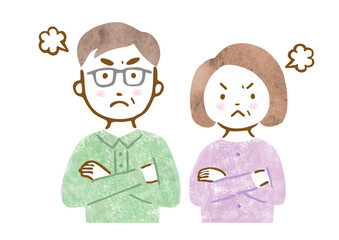 怒った表情とポーズのシニアカップルの手描きイラスト（上半身）
