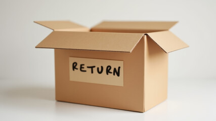 Cardboard box with printed return label on wooden surface