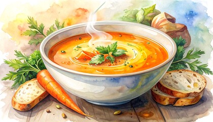A vibrant watercolor illustration of a steaming bowl of carrot soup, garnished with fresh herbs, accompanied by crusty bread slices, creating a comforting and appetizing scene.