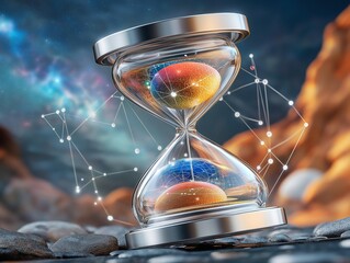 Cosmic hourglass containing interconnected future timeline digital worlds measuring the flow future timeline of time and knowledge across a vibrant star-filled future timeline universe