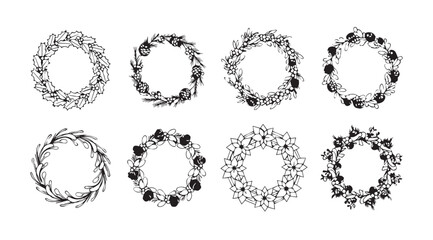 Collection of eight detailed oval floral and leaf wreaths in a black silhouette