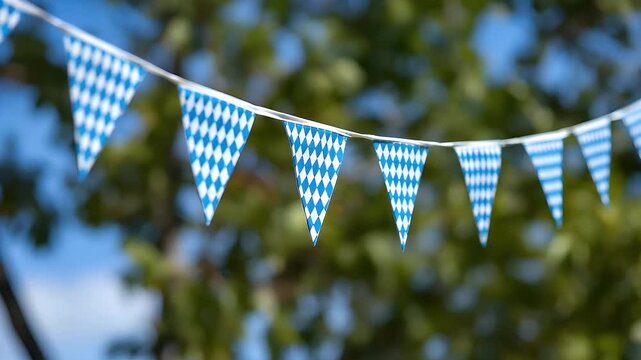Festive Bavarian flags waving in the breeze bring an authentic Oktoberfest celebration to life with blue and white diamond patterns