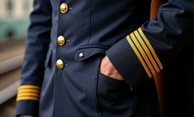 Close-up view of uniform jacket with gold stripes on sleeves, showcasing uniform details. Uniform jacket with buttoned pockets represents formal service, gold braid accents add visual interest,