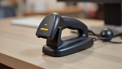 Warehouse barcode scanner placed near logistics workstation