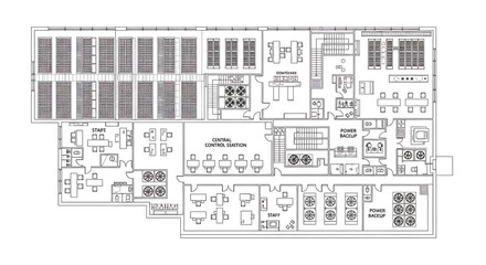 Detailed architectural floor plan of a modern office building with workstations and meeting rooms