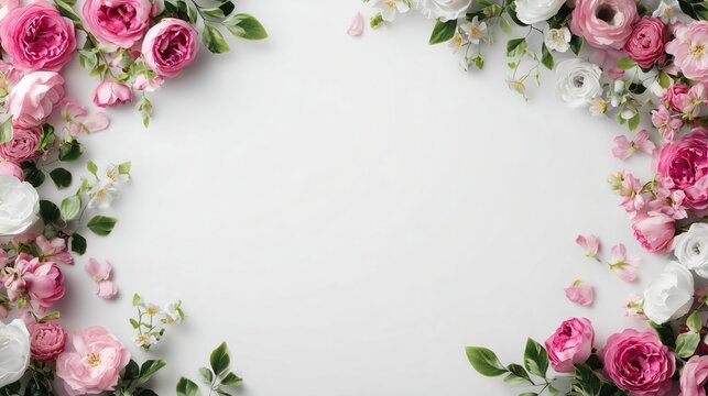 Floral Frame with Roses and Greenery on White Background