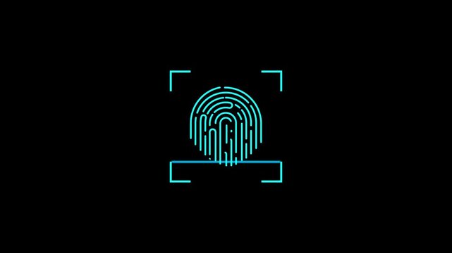 Cyan fingerprint scan icon with targeting squares on a stark black background image photo