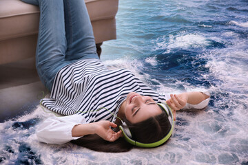 Happy woman listening to sounds of nature which making her feel calm. Double exposure of carpet and sea waves
