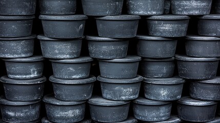 A stack of black plastic containers with white speckles.