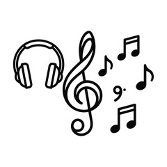 Vector illustration of music icon featuring headphones, clef, and notes