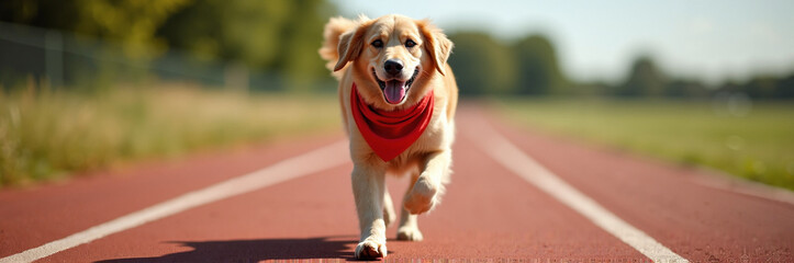 Running dog on red track with red bandana running at full speed, running forward, panting and looking straight ahead. This golden retriever breed running dog is enjoying healthy activity.
