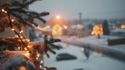 -laden pine branches with warm string lights on a tranquil winter evening, softly falling