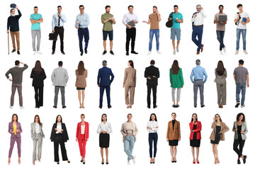 Group of different men and women on white background