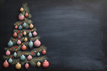 a festively decorated Christmas tree drawn on a dark chalkboard