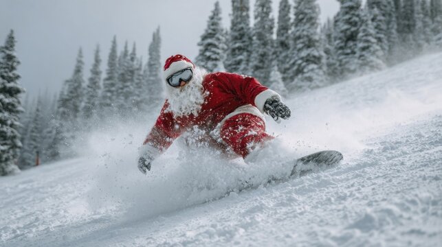 Santa Claus vigorously snowboarding down snowy mountain slope with evergreen trees in background