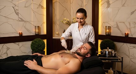 Woman beautician waxing man chest. Body hair removal treatment for male in beauty salon. Professional epilation procedure for smooth skin.