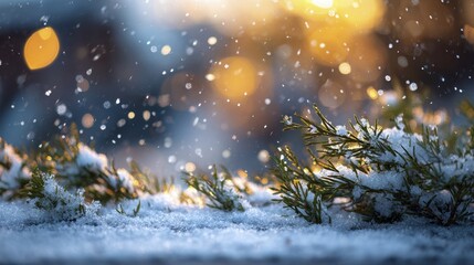 Winter evergreen branches covered in fresh with falling snowflakes and warm golden bokeh lights