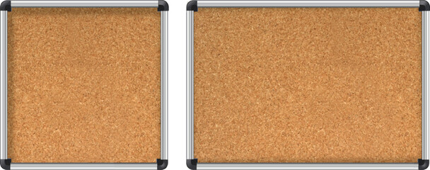 Realistic 3d vector cork board with metal frame. Wall corkboard with brown texture for school or office. Vector illustration.