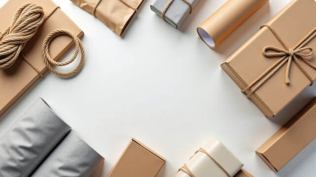 Flat lay of parcel wrapping set including scissors and twine