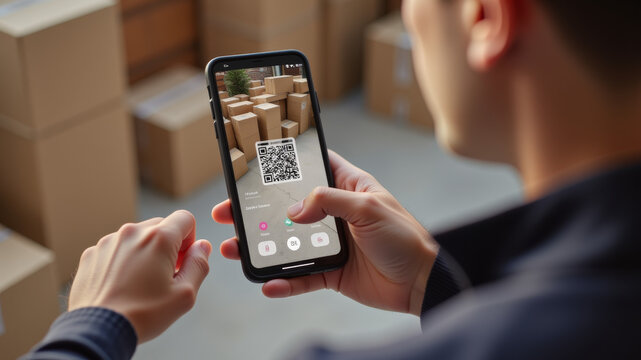 Man using barcode scanner app on smartphone for tracking