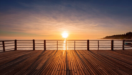 Fototapeta premium Serene Sunset Over A Wooden Pier At Dawn