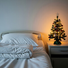 Hospital bed with white sheets and small decorated Christmas tree on nightstand, soft light, empty copy space on wall, emotional holiday concept