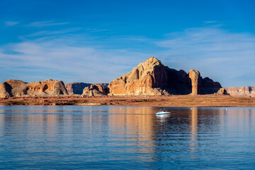 Solitary Recreational Boat on Lake Powell at Sunset, Page, Arizona, USA
