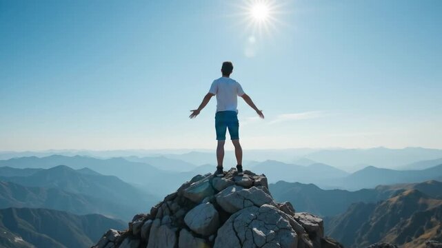 A young man stands on a mountaintop with his hands raised. 4k video