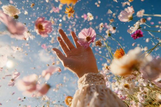 a person reaching down with flowers