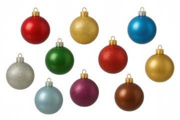 Colorful christmas baubles collection, varying textures and finishes, holiday decoration on transparent background