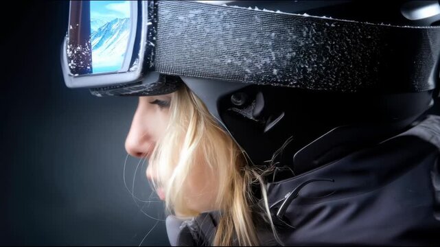 A girl in ski gear and helmet with protective goggles, showing traces of snow and a reflection of mountains, is preparing for skiing